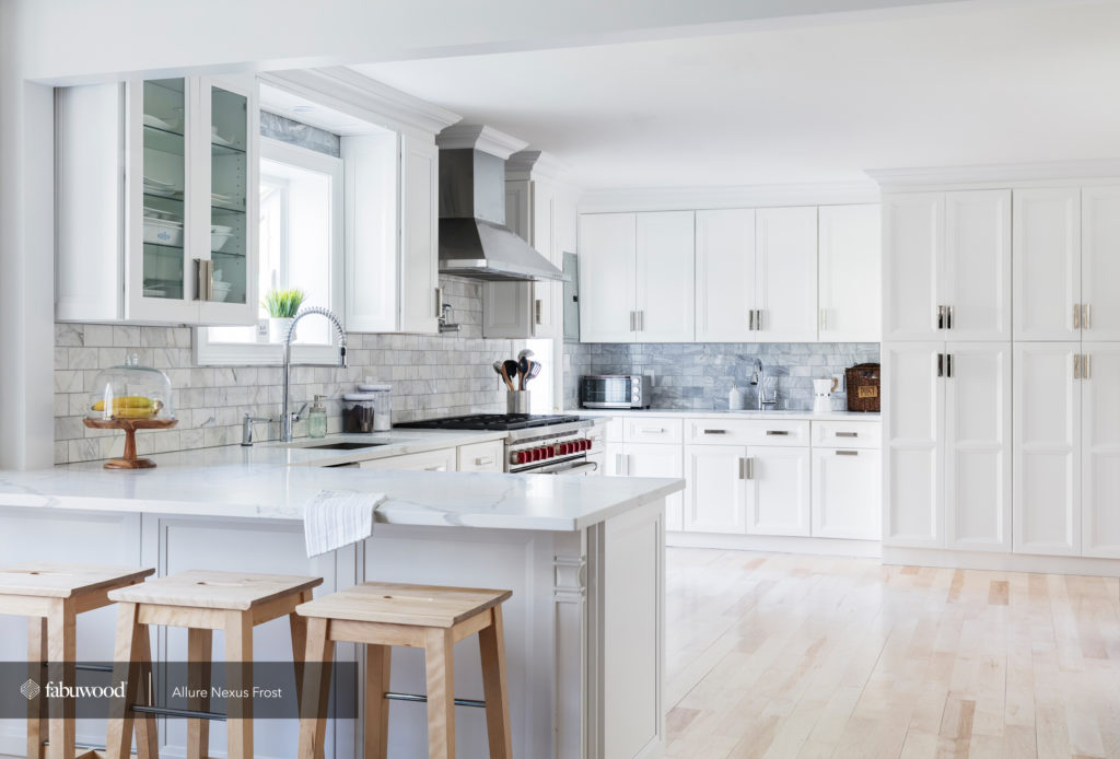 Fabuwood Allure Nexus Frost kitchen cabinets in a white Shaker door style