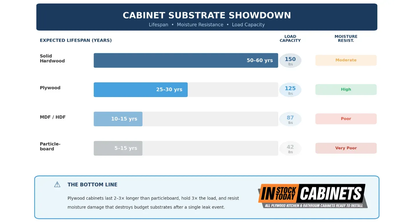 Shaker cabinet quality material comparison chart showing lifespan, load capacity, and moisture resistance for solid hardwood, plywood, MDF, and particleboard substrates