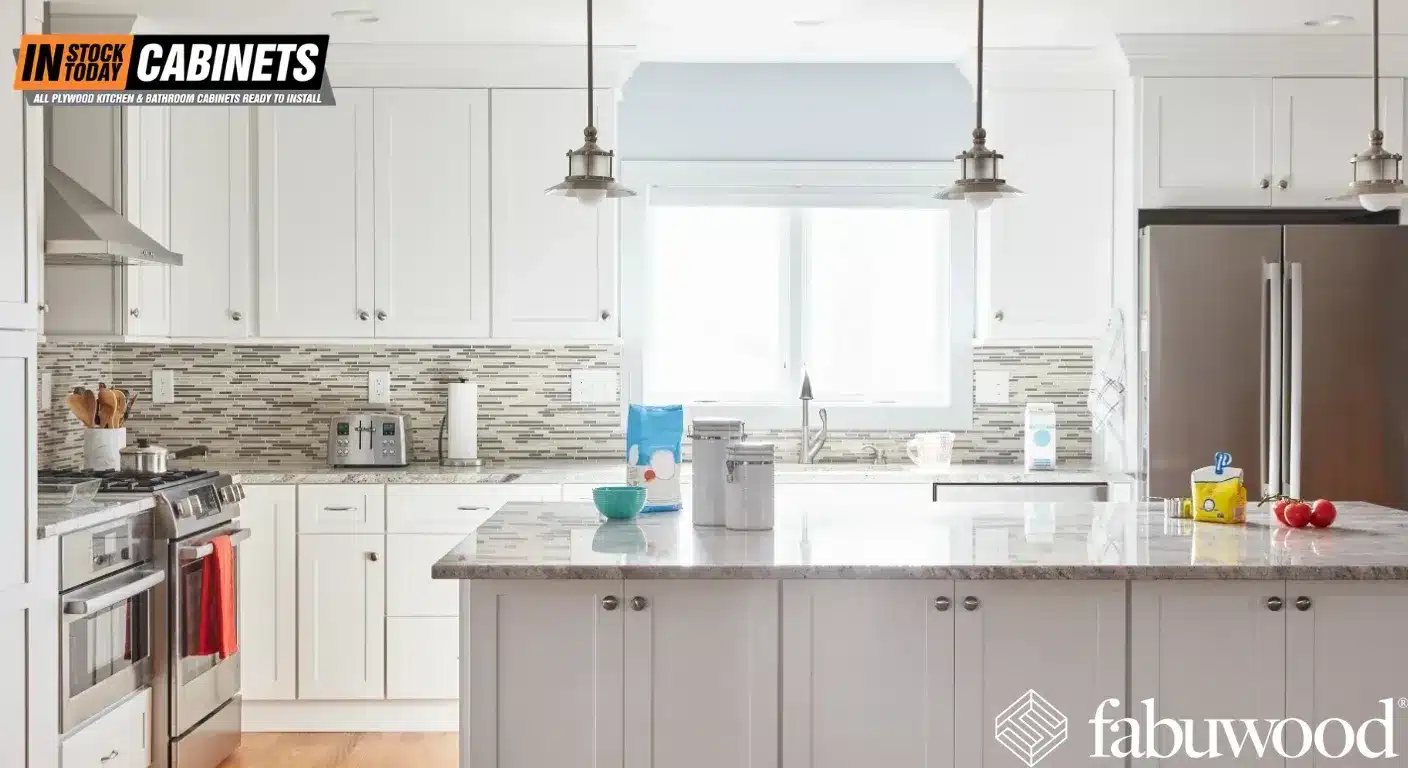 fabuwood-shaker-greige-cabinets-satin-brass-bar-pulls-marble-island-transitional-kitchen Checklist for Shaker Cabinets with the Right Hardware