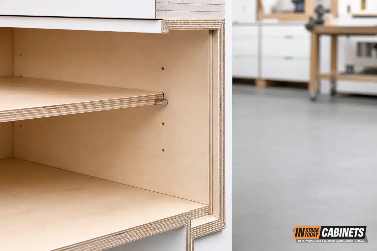 Cutaway of a kitchen cabinet box showing plywood side panel, one-piece back panel set into a groove, and banded edges