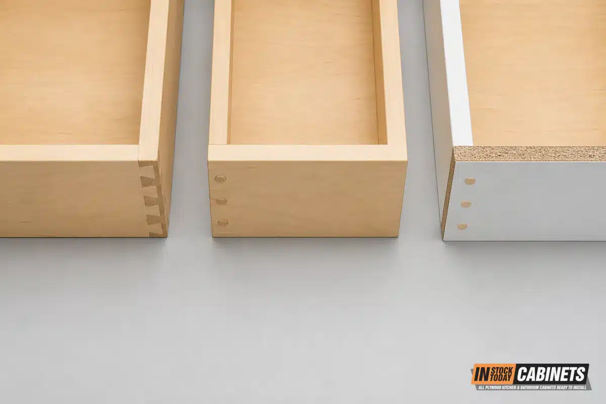Dovetail, bore-dowel and melamine drawer box corners compared side by side