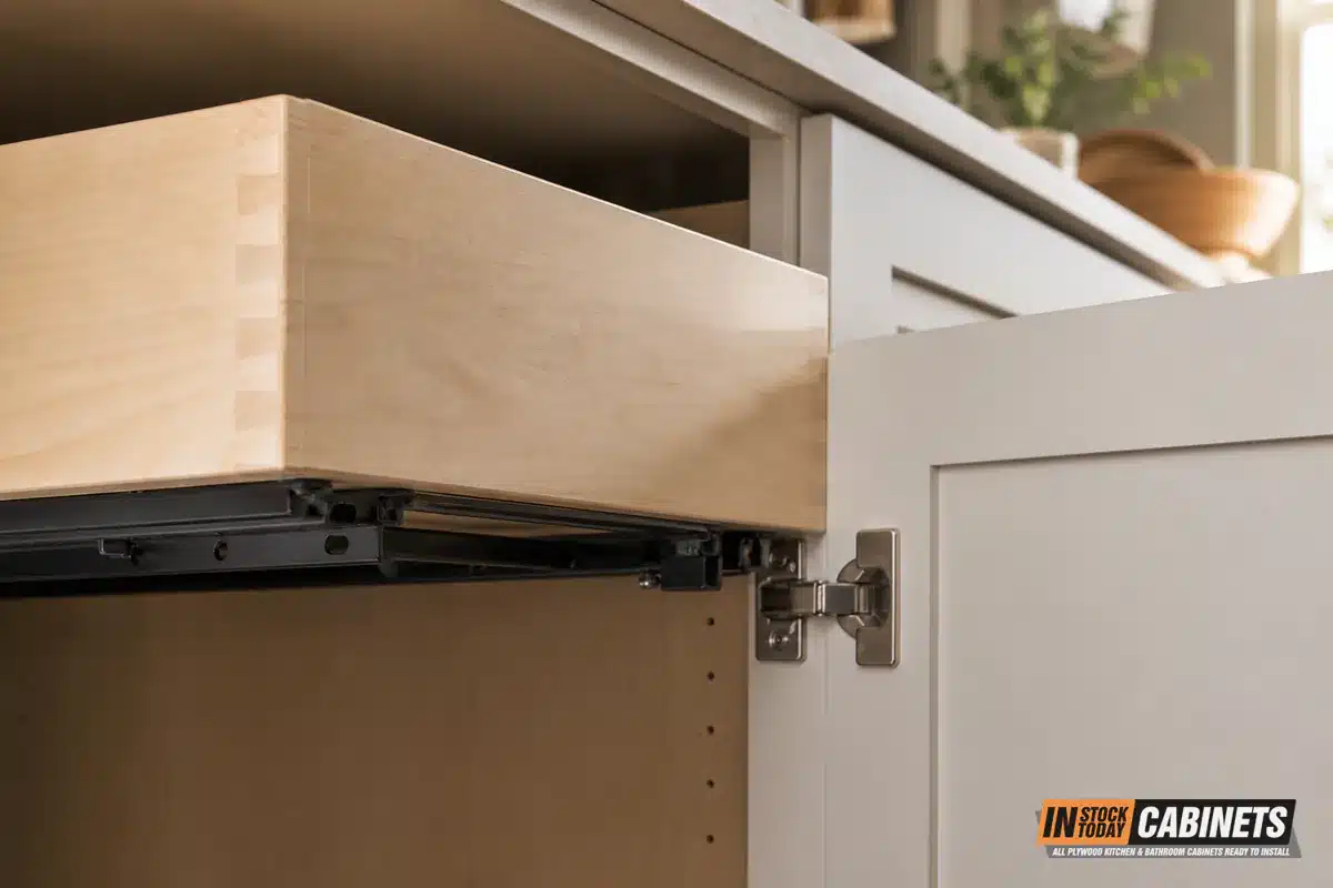 Undermount soft-close drawer slide mounted beneath a dovetailed drawer box, with a concealed six-way adjustable hinge on the adjacent door