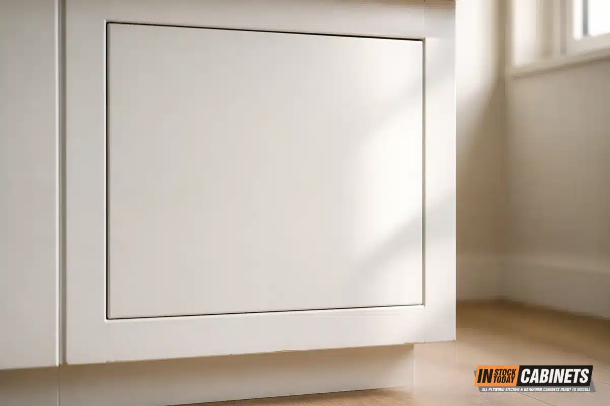 Close-up of an inset cabinet door sitting flush inside its face frame, showing the narrow even gap on all four sides