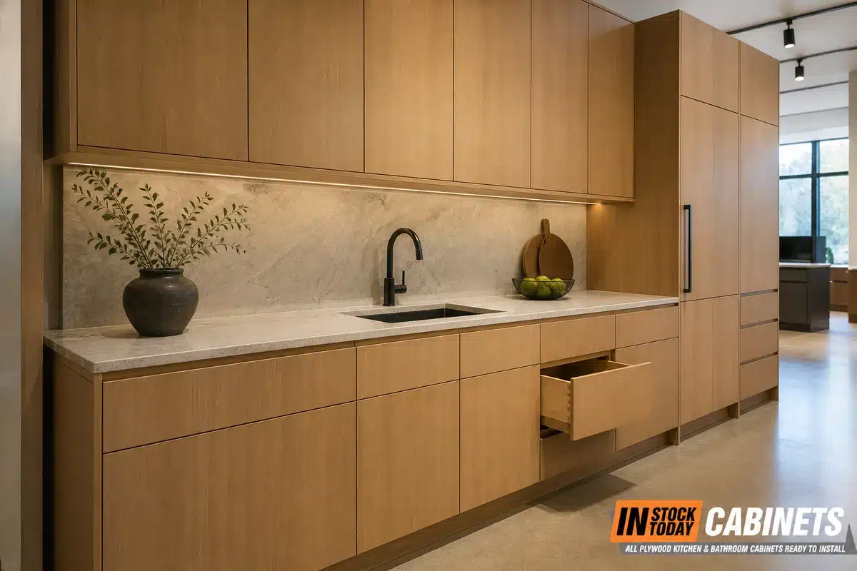 Fabuwood Ovela frameless kitchen cabinets in a showroom run, showing the continuous full-overlay door line