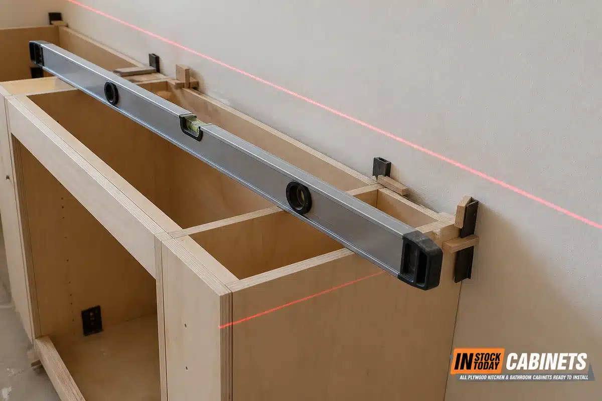 Levelling a frameless kitchen cabinet run during installation