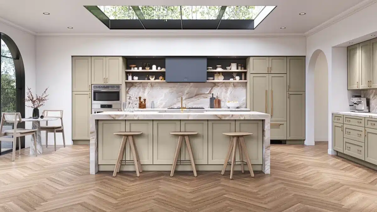 Rendered kitchen with pale greige shaker cabinets arranged as tall pantry units around a built in wall oven, open shelving over a veined marble backsplash, a dark range hood, an island with a thick waterfall edge marble top and three wooden stools, a skylight above and herringbone wood floors.