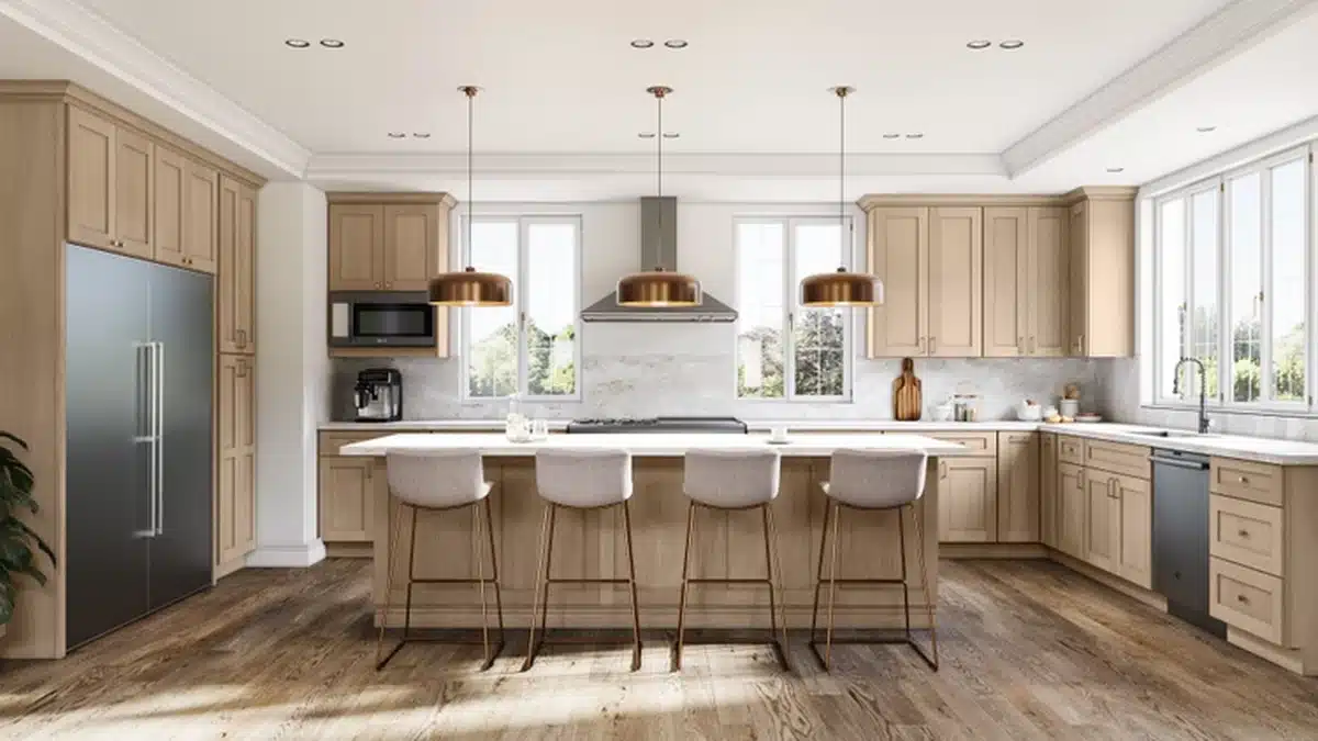 Rendered kitchen with light natural oak shaker cabinets on the perimeter and a matching island, white countertops and a pale marble backsplash, a stainless steel chimney range hood between two windows, three copper pendant lights over the island, four upholstered stools, a built in stainless column refrigerator on the left and wide plank wood floors.