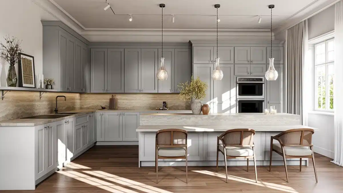 The same rendered kitchen with the wide shaker cabinets painted a mid grey: stacked double wall ovens, three glass pendant lights, a warm stone backsplash, three cane backed chairs at the island and sunlit wood floors.