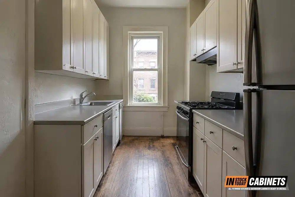A narrow galley kitchen in an older rowhouse, with two facing runs of cream shaker cabinets, a sink and dishwasher on one side and a gas range and refrigerator on the other. A window fills the far end, the floorboards are worn, patched plaster shows on the left wall, and the wall cabinets stop short of the ceiling.