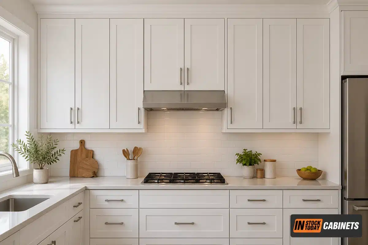 A finished white shaker kitchen with the wall cabinets carried all the way up to the ceiling and finished with crown moulding, so there is no soffit above them. A stainless hood sits over a gas cooktop against a subway tile backsplash, with quartz worktops and a sink under the window to the left.