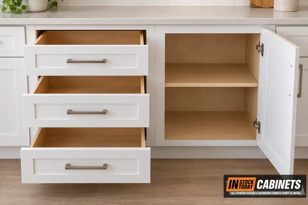 Two base cabinets side by side with both open. On the left, a three-drawer bank with all three drawers pulled out, showing wide birch drawer boxes behind white shaker fronts. On the right, a conventional cupboard with its hinged door swung open, showing a single fixed shelf splitting the space into two deep, hard-to-reach halves.