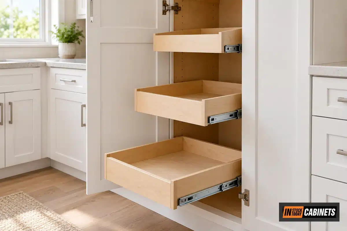 A tall pantry cabinet with its door open, fitted with three birch pull-out shelves mounted on ball-bearing side slides and extended to different depths. The cabinet interior shows rows of adjustable shelf-pin holes on both side panels.