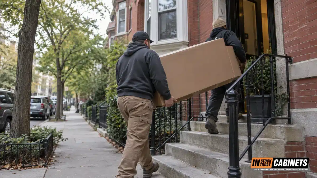Two workers in work clothes carry a large flat cardboard cabinet carton up the front steps of a brick rowhouse, one of them reaching an open doorway at the top. A black iron handrail runs beside the steps, with street trees and parked cars along the block behind them.
