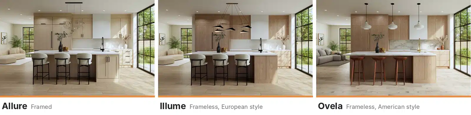 Three Fabuwood kitchen renders side by side, labeled Allure (framed), Illume (frameless, European style) and Ovela (frameless, American style)