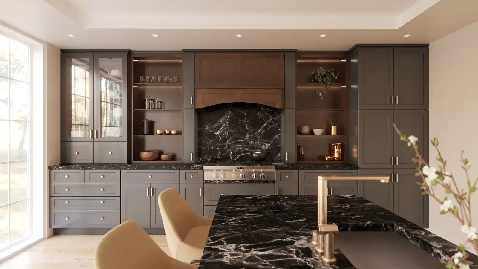 Fabuwood Custom Works kitchen with black and wood-tone cabinets and a dark stone island