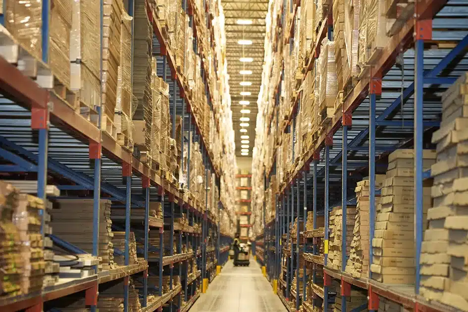 Tall warehouse racks stacked with cabinet components inside a Fabuwood facility